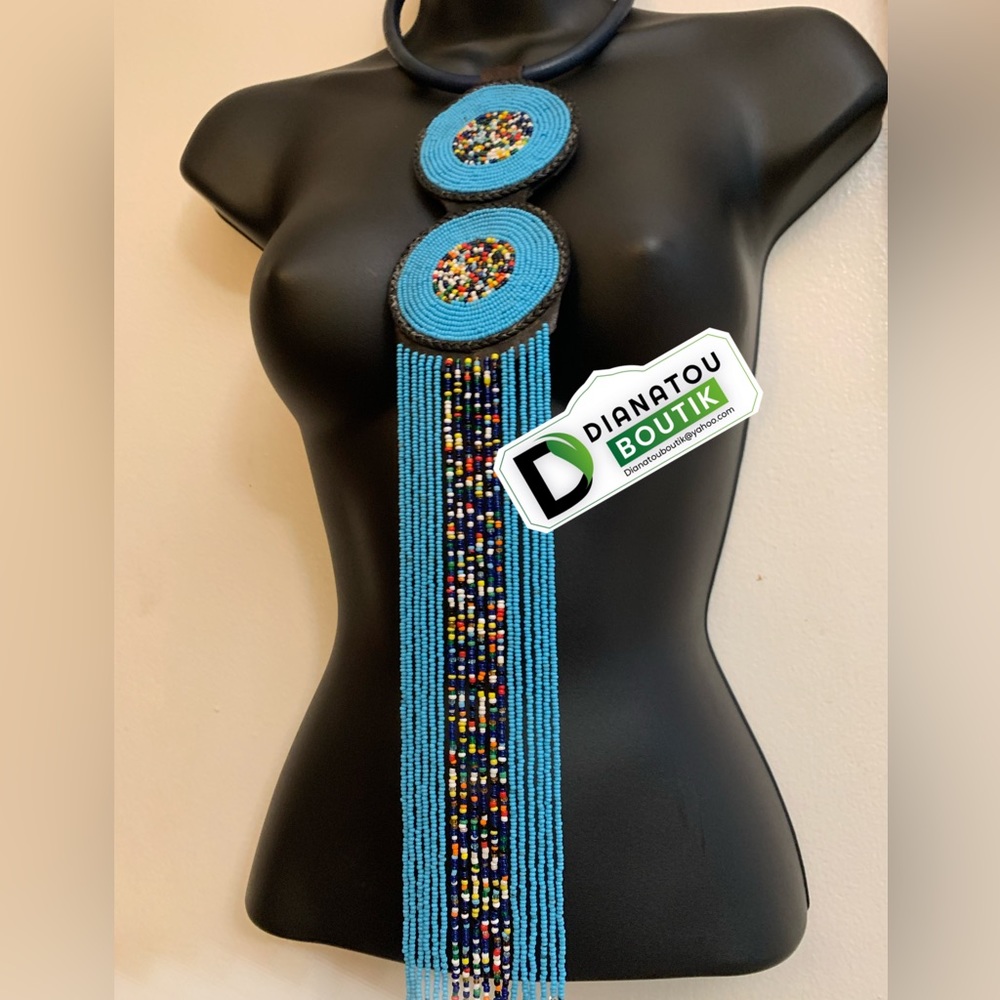 Jumbo Blue Multi Strand Leather & Beads Necklace